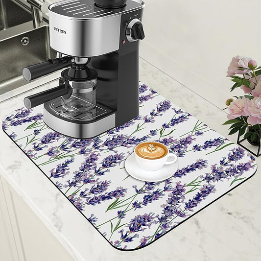 Dish Drying Mat Lavender Flowers Coffee Bar Mat for Countertop Absorbent Rubber Backed Hide Stain Dish Drainer Rack Pad Espresso Machine Cafe Table Dining Room Decoration 11.8 x 19.7 Inch