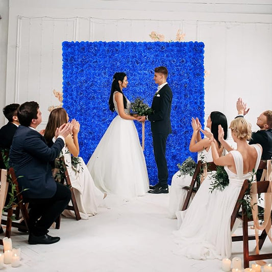 Flower Wall Backdrop 12 pcs 16.5x16.5 Inch Floral Wall Panel Artificial Silk Rose Wall Decor Ideal for Wedding Celebrations, Festive Party Backdrops, and Home Decor-Bright Blue