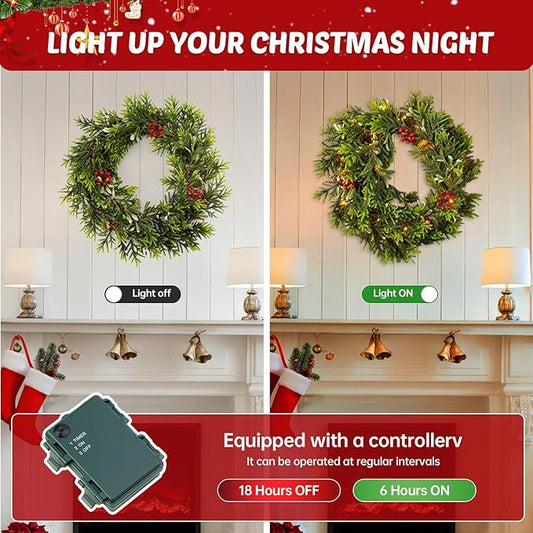 2Pack 6FT Christmas Garland – Artificial Norfolk Pine Olive Garland with Red Berries, Pinecones & 20 Warm LED Timer Lights – Holiday Garland for Home, Wedding, Party Decorations
