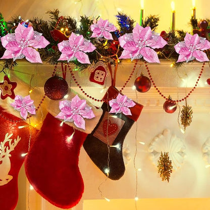 Boao 24 Pieces Christmas Artificial Glitter Poinsettia Flowers Xmas Flowers Wedding Christmas Tree New Year Ornaments (Pink)