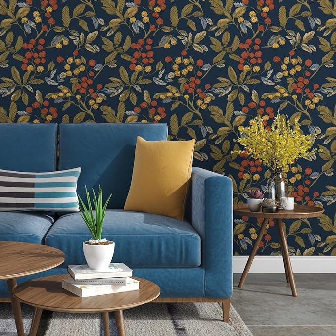 Vintage Wallpaper Peel and Stick, Navy Blue Floral Contact Paper 17.5" x 393.7", Dark Leaf Botanical Wall Paper Self Adhesive Waterproof Removable for Room Shelves Cabinet Drawer Table Decor