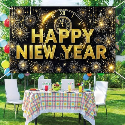 Happy New Year 2026 Banner 71x43 Inch Gold Clock Fireworks Party Backdrop Countdown Celebration Wall Decoration Holiday Photo Background for Indoor New Year Event Display