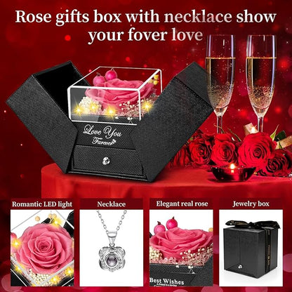 Preserved Pink Real Rose with Heart I Love You Necklace -Eternal Flowers Rose Birthday Gifts for Her Mom Wife Girlfriend Grandma on Valentines Mothers Day Christmas Anniversary Romantic-Pink