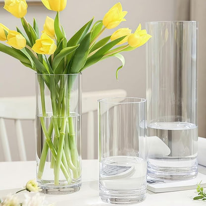 3 Acrylic Cylinder Clear Vase for Centerpieces, Tall Large Unbreakable Plastic Flower Vases for Home Decor (D 4.8" X H 7.8" - H 12" + 2 Holder)