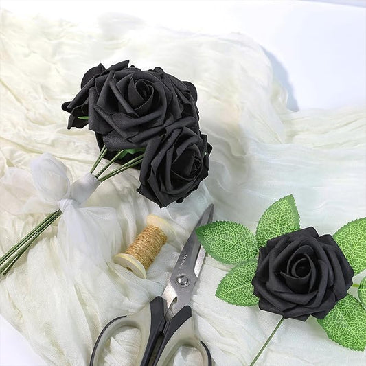 Meldel Artificial Flower 25pcs Real Touch Black Rose Fake Foam Roses with Stems for DIY Wedding Bouquets Gifts Bridal Shower Faux Floral Centerpieces Arrangements Home Party Tables Decorations