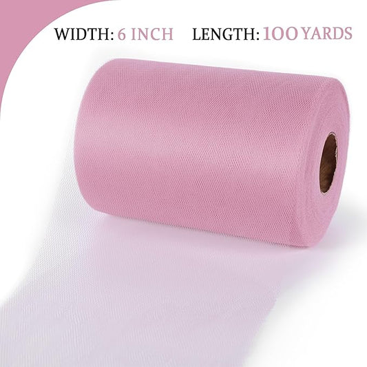 Dusty Pink Tulle Mesh Ribbon 6 Inch x 100 Yards(300ft) Netting Spool Fabric Ribbon Ideal for Tutu Skirt Art Gift Wrapping Flower Bouquet Crafts Weddings Floral Arrangements