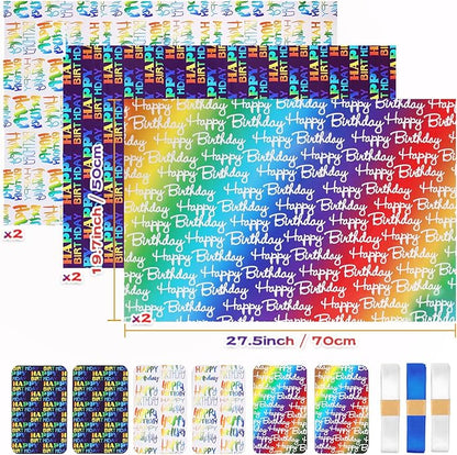 BWLOIES Wrapping Paper Birthday Wrapping Paper Sheets Hradient Multi-colour Happy Birthday Paper Set Include Bday Gift Wrap withTags & Ribbon,Present wrap for Boys Men Girls Women