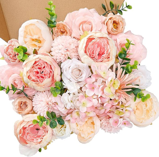 Artificial Flowers, Fake Peony Flower Combo Box Set, Silk Flowers with Wire Stem for DIY Wedding Bridal Bouquet Shower Party Home Décor (Pink)