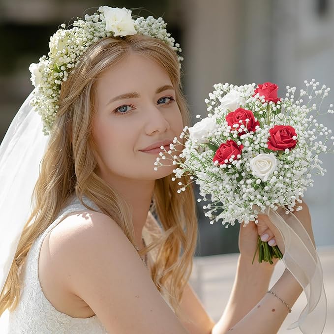 20Pcs Babys Breath Artificial Flowers Bulk, 12Pcs Fake Red Roses, DIY Wedding Flowers Bouquet, Realistic Faux Silk Flowers for Home Table Decor