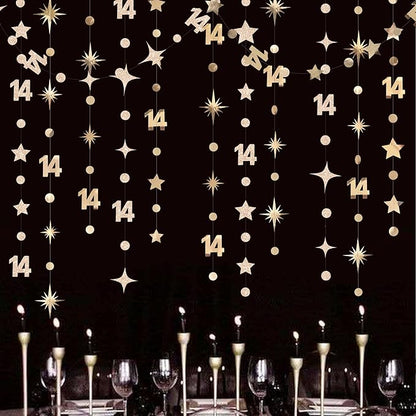 Champagne Gold 14th Birthday Decorations Number 14 Circle Dot Star Garland Streamer Banner Backdrop for Girls Boys Cheers to 14 Years Old Birthday Happy 14th Anniversary Party Supplies