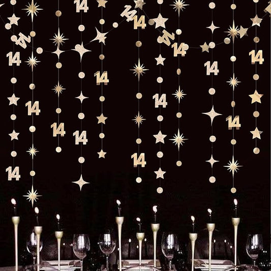 Champagne Gold 14th Birthday Decorations Number 14 Circle Dot Star Garland Streamer Banner Backdrop for Girls Boys Cheers to 14 Years Old Birthday Happy 14th Anniversary Party Supplies
