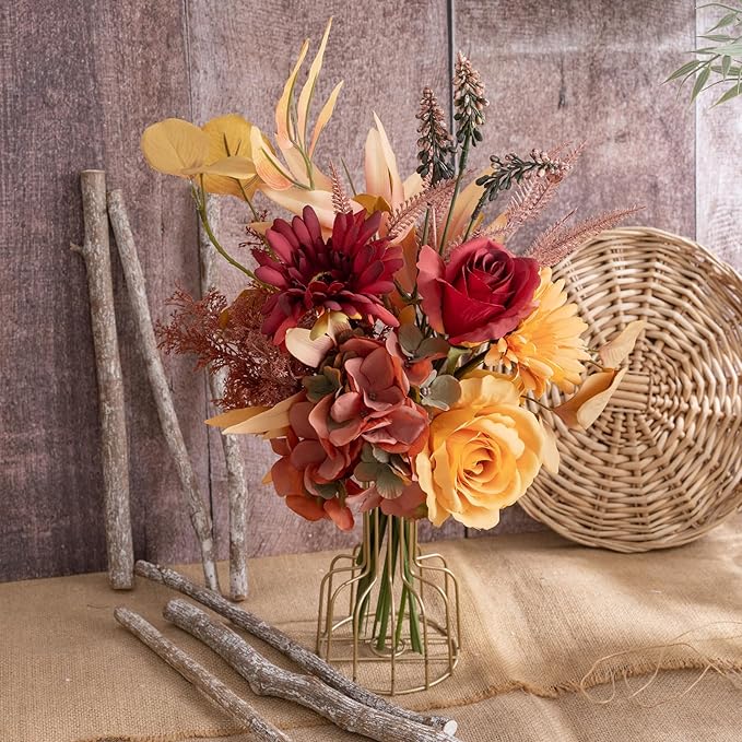 Fake Silk Flowers Bouquet Faux Centerpieces with Roses, Gerberas, Hydrangea etc, Realistic Artificial Floral Arrangements for Home Kitchen Decor