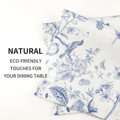 QIYI Boho Placemats Set of 4, 12x18 Inch Linen Fabric Place Mats for Kitchen Dinning, Farmhouse Rustic Floral Cloth Table Mats, Washable Placemat Botanical Party Table Décor, Blue Garden