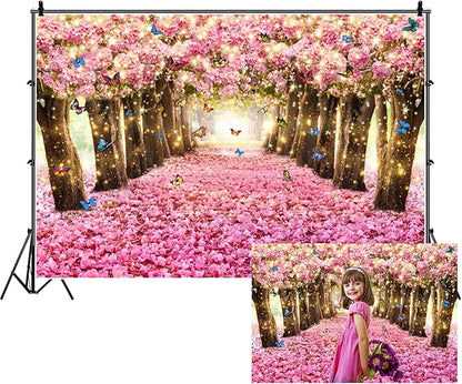 Renaiss 9x6ft Pink Cherry Blossom Backdrop Fairy Tale Romantic Pink Flowers Tree Butterfly Floral Petal Falling Boulevard Photography Background for Wedding Newborn Party Decor Photo Props