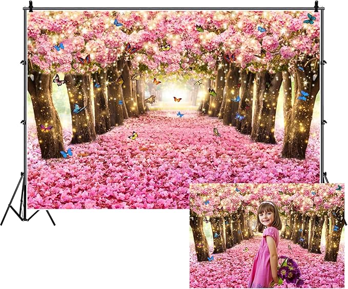 Renaiss 12x8ft Pink Cherry Blossom Backdrop Fairy Tale Romantic Pink Flowers Tree Butterfly Floral Petal Falling Boulevard Photography Background for Wedding Newborn Party Decor Photo Props