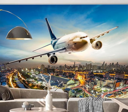 Cliouar-Airplane Flying Over The Night City Wall Mural Wallpaper Peel and Stick 90" x 67"