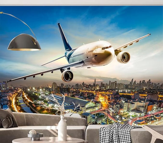 Cliouar-Airplane Flying Over The Night City Wall Mural Wallpaper Peel and Stick 90" x 67"