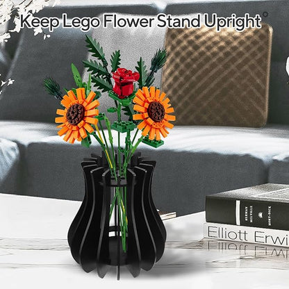 Wooden Vase for Lego Flowers - Wooden Vase for Lego Bouquet, Wood Vases Puzzle Set for LegoRoses Sunflower Tulips, Vases Kit for Artificial Bouquet Arrangement Home and Office Decoration(Black)