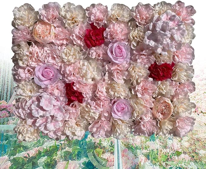 16"x 24" Artificial Flower Wall Panels,Flower Wall Mat Silk Flower Panels for Outdoor Garden Backyard Fence Fence Privacy Screen and Indoor Wall Decor(20Pcs Light Pink+Light Yellow+Red)