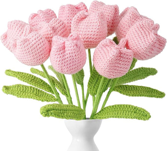 YoungJoy 12 Pcs Crochet Rose Handmade Knitted Flowers Tulip Sunflower Daisy Heart Artificial Knitted Floral Mother Day Graduation Home Decor(Cute Pink Tulip)