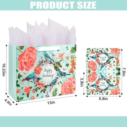 ASYEHJNR 13" Large Size Happy Birthday Gift Bag Teal Happy Birthday Sign with Birds Butterflies Floral Flower Pattern Retro Gift Bag with Greeting Card and Tissue Paper and Handle Ribbon for Girls Women Bday