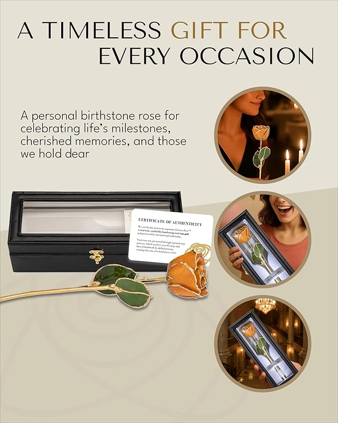 Forever Rose Hand-Dipped in 24K Gold, Golden Topaz-Inspired November Birthstone with Sparkles, Real Rose in Leather Case with LED Light, Perfect Ready to Gift for November Birthday or Any Occasion