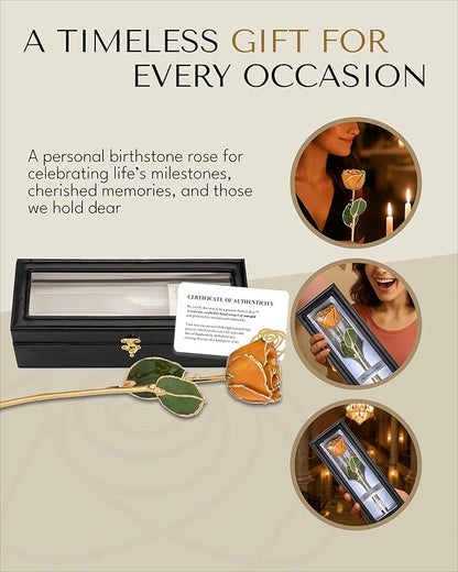 Forever Rose Hand-Dipped in 24K Gold, Golden Topaz-Inspired November Birthstone with Sparkles, Real Rose in Leather Case with LED Light, Perfect Ready to Gift for November Birthday or Any Occasion