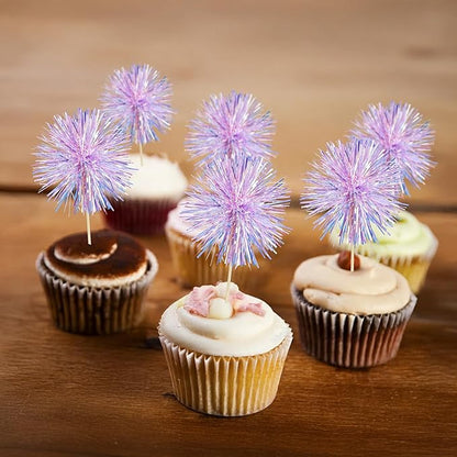 Gyufise 30Pcs Foil Firework Cupcake Toppers Sparkle Tinsel Cake Toppers Tinsel Drink Cake Decoration Cocktail Picks for Birthday Wedding Graduation Party Supplies Laser Purple