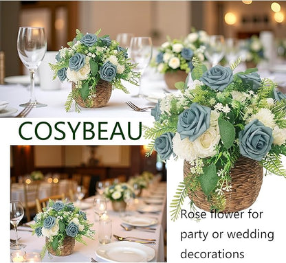 Artificial Rose Flowers 25pcs, Dusty Sea Blue Foam Fake Rose Faux Flower for Wedding Bouquets Bridal Shower Centerpieces Floral Arrangements Home Decorations Party Backdrops Table
