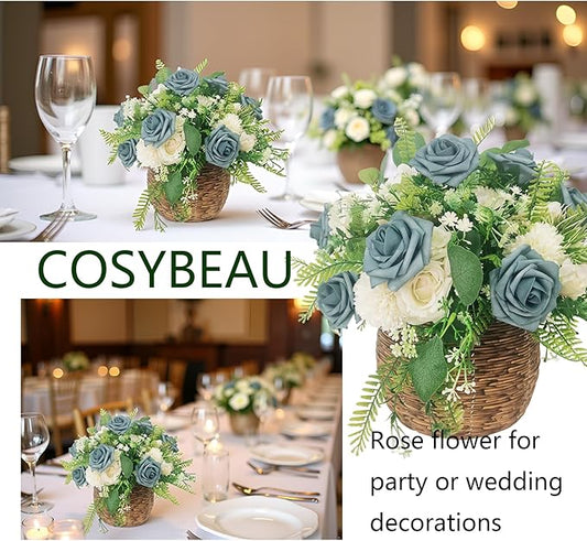 Artificial Rose Flowers 25pcs, Dusty Sea Blue Foam Fake Rose Faux Flower for Wedding Bouquets Bridal Shower Centerpieces Floral Arrangements Home Decorations Party Backdrops Table