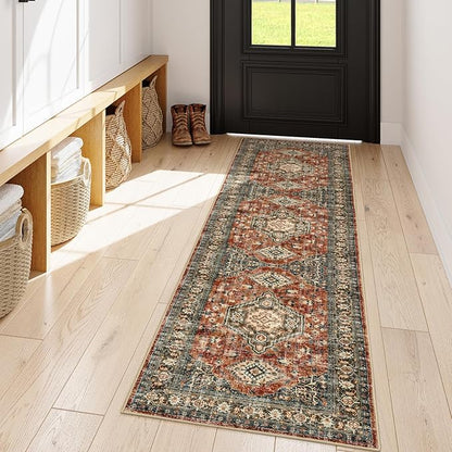 Lahome Oriental Washable Kitchen Runner Rug, 2x6 Carpet Runners for Hallway 6ft Non Skid, Vintage Soft Hallway Rug for Bathroom Bedroom Entryway, Brick Red