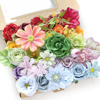 Artificial Flower Box Set Silk Fake Flowers DIY Center Cake Decoration Wedding Bouquet Corsage Home Decor Outdoor Decor Gift (Big Rainbow Flower)