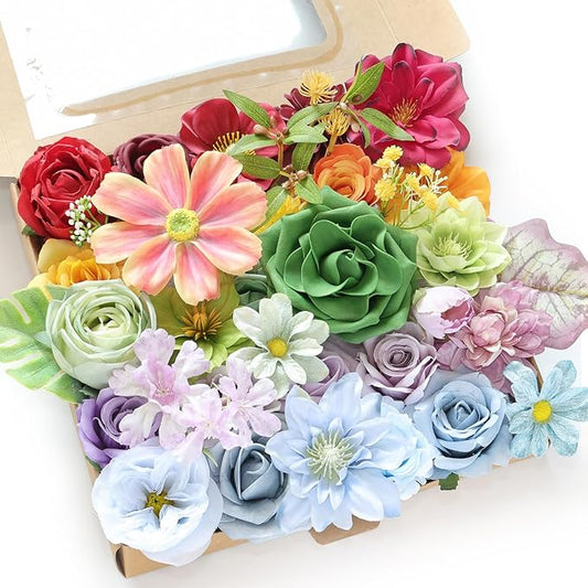 Artificial Flower Box Set Silk Fake Flowers DIY Center Cake Decoration Wedding Bouquet Corsage Home Decor Outdoor Decor Gift (Big Rainbow Flower)
