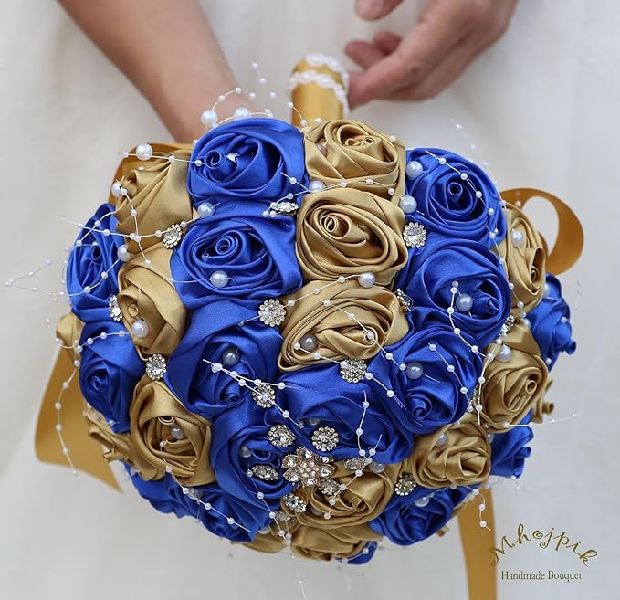 Bridal Wedding Bouquet Round Bling Brooch Bouquet Throw Toss Artificial Rose Flower Bunch for Bride Bridesmaid Wedding Quinceanera(Royal Blue & Gold, 6.3")
