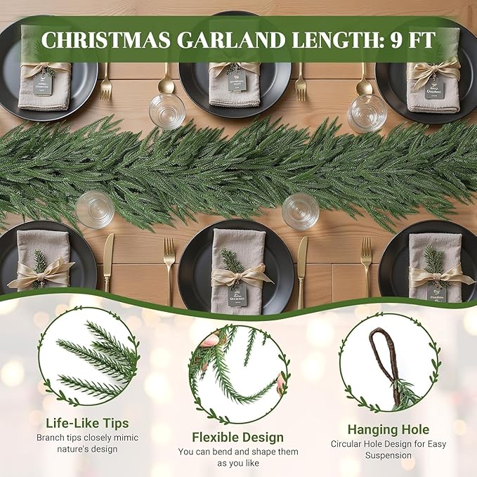 9ft Artificial Christmas Garland, Realistic Norfolk Pine Greenery Garland for Fireplace Mantel, Table, Doorframe, Indoor Outdoor Xmas Holiday Decoration, Real Touch Full Cedar Pine Garland