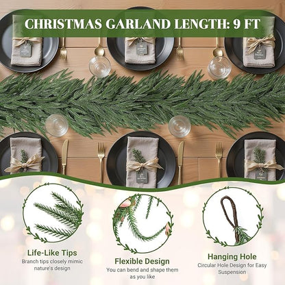 9ft Artificial Christmas Garland, Realistic Norfolk Pine Greenery Garland for Fireplace Mantel, Table, Doorframe, Indoor Outdoor Xmas Holiday Decoration, Real Touch Full Cedar Pine Garland