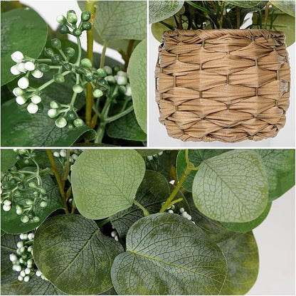 DILATATA Artificial Eucalyptus Stems in Woven Basket Planter, 12" Fake Plant Eucalyptus Leaves with Green Seeds Faux Potted Plant Greenery for Table Centerpiece Office Indoor Home Decor