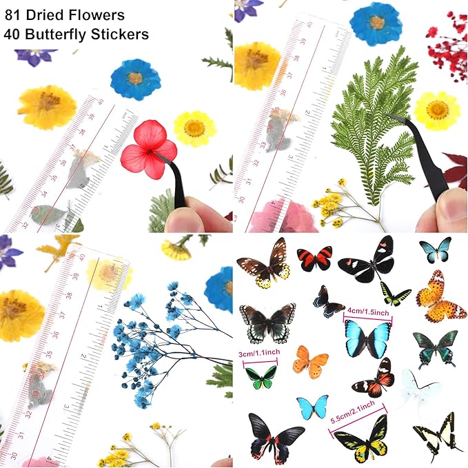 Augshy Real Dried Pressed Flower Set with Butterfly Transparent Stickers Scrapbook Decals Natural Dried Flowers Leaves with Tweezers for Resin Supplies DIY Candle Jewellery Making