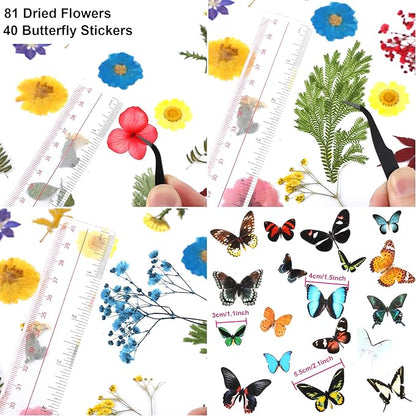 Augshy Real Dried Pressed Flower Set with Butterfly Transparent Stickers Scrapbook Decals Natural Dried Flowers Leaves with Tweezers for Resin Supplies DIY Candle Jewellery Making