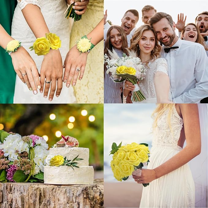 JOYLEX Artificial Flowers Yellow Realistic Roses, Real Looking Fake Roses with Stem for DIY Wedding Bouquets Centerpieces Bridal Shower Party Home Romantic Decorations (Yellow, 100pcs)