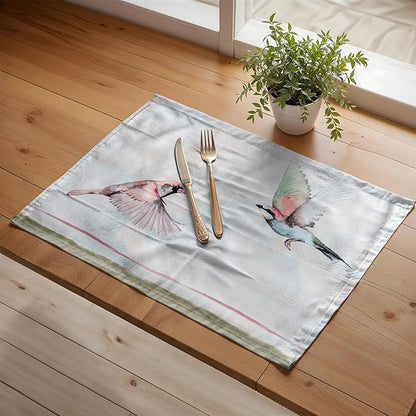 Maison d' Hermine Placemats Set of 4 100% Cotton Washable Cloth Place Mats, Reusable Table Mats for Kitchen Dining Decoration, Party, Wedding, Restaurant Spring/Summer (Flying Birds, 13" x 19")