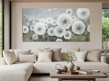 Ardemy Flower Wall Art Canvas Dandelion Painting White Floral Picture, Textured Extra Large Framed for Living Room Bedroom Kitchen Dining Room Home Office Decor 58"x29"