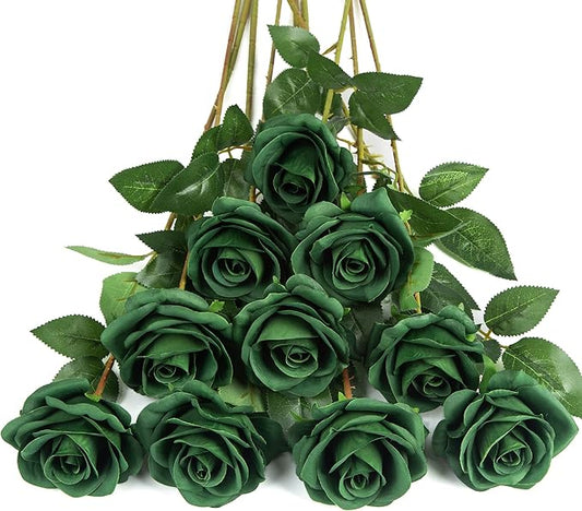 DuHouse 10pcs Fake Roses Artificial Silk Flowers Faux Rose Flower Long Stems Bouquet for Arrangement Wedding Centerpiece Party Home Kitchen Decor (Dark Green)