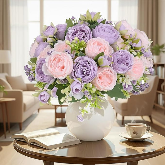 Peonies Artificial Flowers 12 Bundles Pink Flowers Bouquet, Lifelike Silk Fake Peonies with Stems for Home Table Centerpieces, Wedding, Party & DIY Bridal Floral Arrangements (Light Purple)