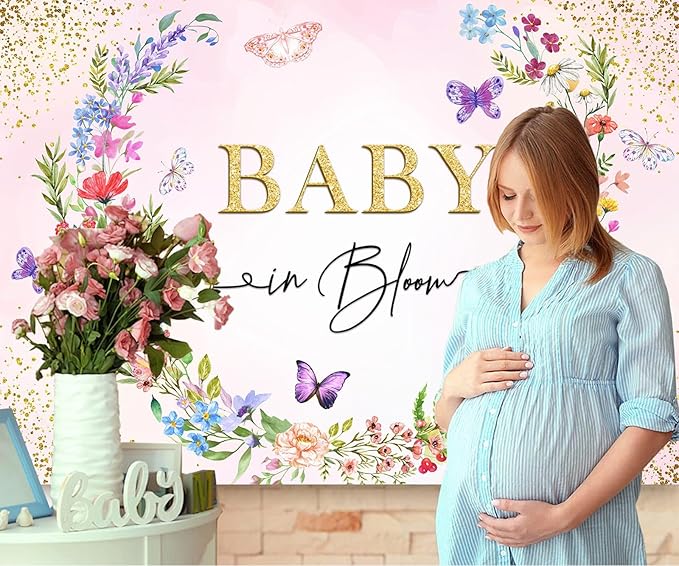 Sensfun Baby in Bloom Backdrop Banner Girls Wildflower Baby Shower Decorations,Pink Floral Butterfly Gold Glitter Photography Background for Wildflowe Baby Shower Newborn Party Photo Booth Props 8x6ft