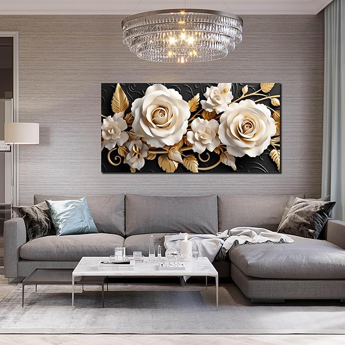 Flower Large Canvas Wall Art for Living Room Bedroom Home Office White and Gold Wall Art Blossom Picture Framed Wall Decor Modern Canvas Prints 29x59 In