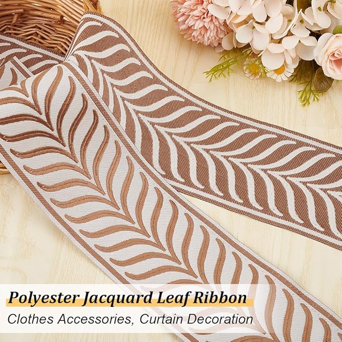 OLYCRAFT 5.5 Yards/5M Jacquard Ribbon Trim 3.4 Inch Leaf Striped Jacquard Polyester Ribbons Camel Leaf Jacquard Woven Embroidery Trim for DIY Sewing Crafts Handmade Bag Belts Clothing Decoration