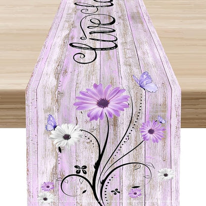 Purple Daisy Table Runner, Butterfly Rustic Seasonal Spring Wild Flower Rustic Blue Wood Farmhouse Decor for Family Kitchen Farmhouse Holiday Party Table Decorations Indoor Outdoor 13x36 inch