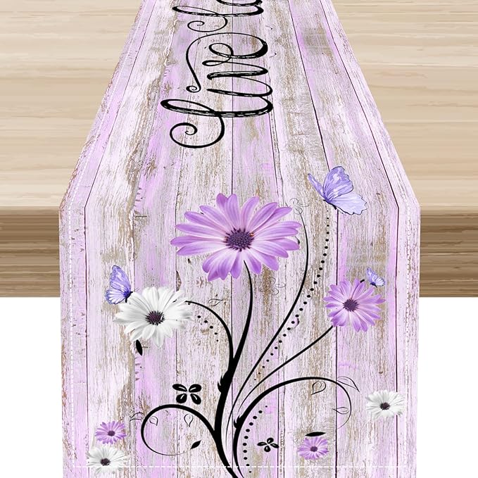 Purple Daisy Table Runner, Butterfly Rustic Seasonal Spring Wild Flower Rustic Blue Wood Farmhouse Decor for Family Kitchen Farmhouse Holiday Party Table Decorations Indoor Outdoor 13x108 inch