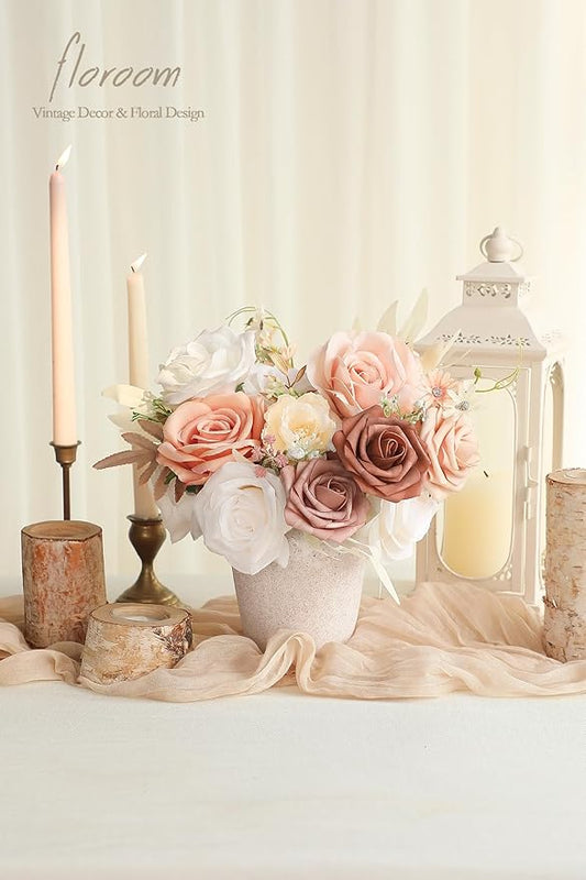Floroom Morandi Peach Artificial Flowers Fake Roses Peonies and Greenery Combo Box Set for DIY Wedding Bouquets Bridal Shower Centerpieces Floral Arrangements Party Tables Home Decorations